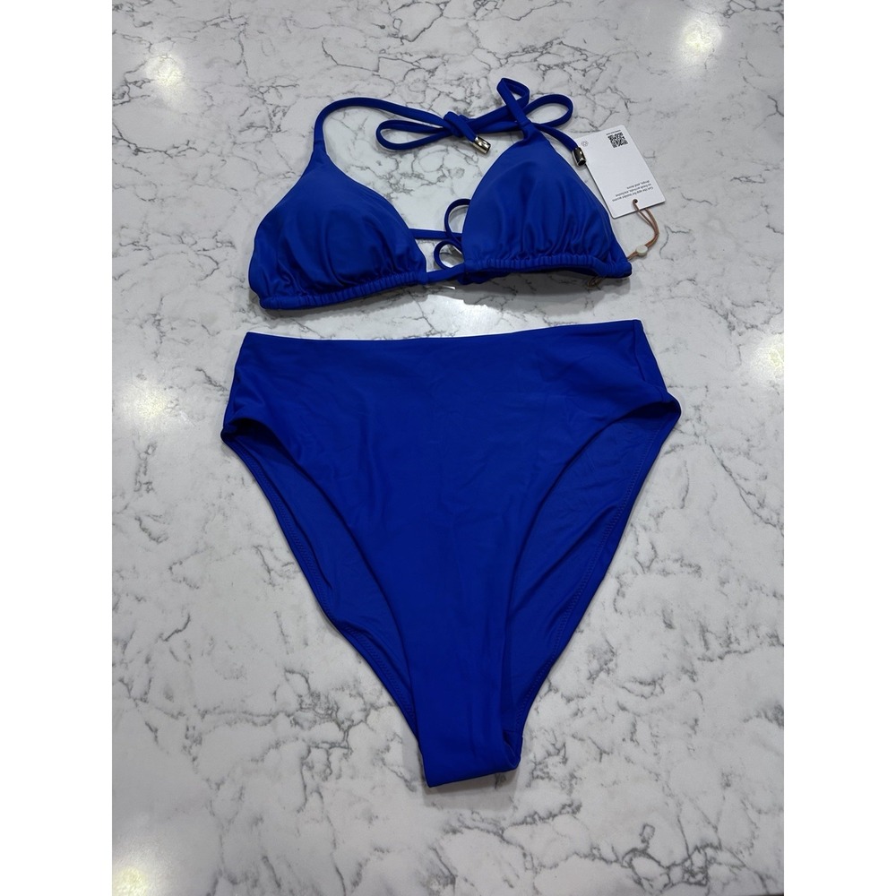 New Quince Electric Blue Italian Triangle Bikini Top High Rise High Leg Bottom L